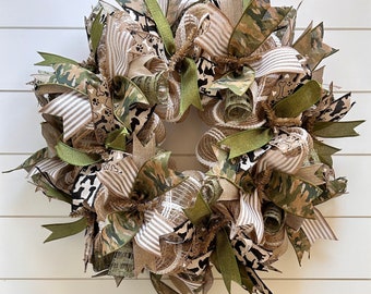 Ready to Ship, Everyday Classic Dog Friendly Neutral Wreath, Camo Ribbon Wreath, Hostess Gift, For the Hunter in your Life