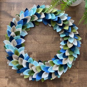 Shades of Blue Minimalist Felt Wreath, Boxwood Inspired Décor, Shallow Enough to fit any Door, Unique Gift for Her