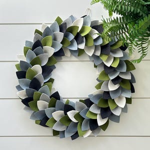 Modern Farmhouse Felt Wreath: Blue Gray, Green & Neutral Colors