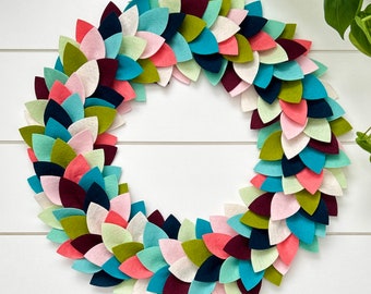 Colorful Minimalist Felt Wreath, Modern Felt Wreath, Boxwood  Décor, Shallow Enough to fit any Door, Unique Gift for Her