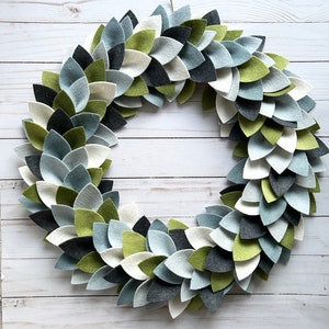 Modern Farmhouse Felt Wreath, Blue Gray and Soft Green Wreath, Boxwood Inspired, Décor Shallow Enough to fit any Door, Gift for Mom