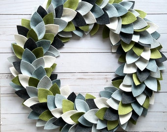 Modern Farmhouse Felt Wreath: Blue Gray, Green & Neutral Colors