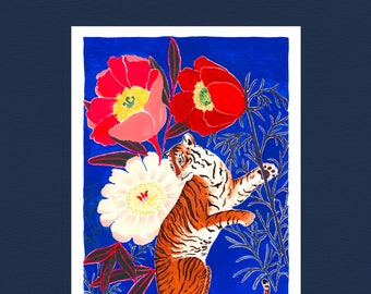 Tiger with poppies art print A4 format