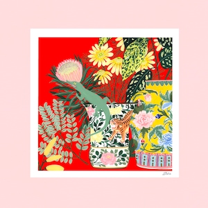Impresión artística de ilustración de flores de dragón en formato cuadrado