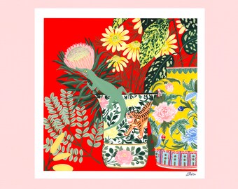 Dragon Flowers illustration art print square format