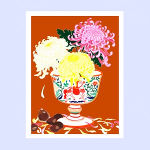Bouquet de chrysanthèmes affiche illustrée imprimée sur papier d’art format A3