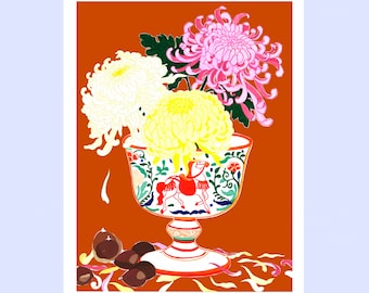 Bouquet of chrysanthemums illustrated poster printed on A3 format art paper