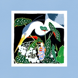 Heron and Begonia, art print on paper