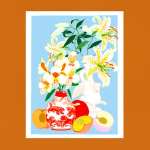 Manifesto illustrato con gigli e pesche estive stampato su carta artistica A3