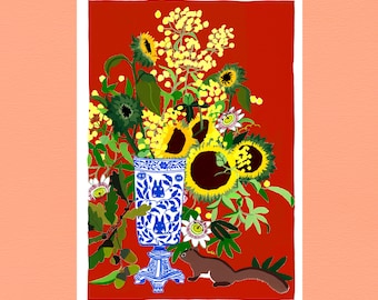 May include: A blue and white ceramic vase with a floral design holds a bouquet of sunflowers, mimosa, and passionflowers. A brown squirrel sits on the red background.