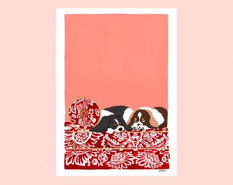 portrait de chiens cavaliers king-charles, illustration sur papier format A5