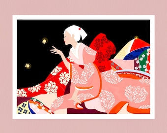 fireflies illustration, art print on A4 paper