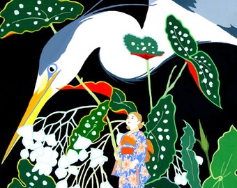 Heron and Begonia, fine art print on paper