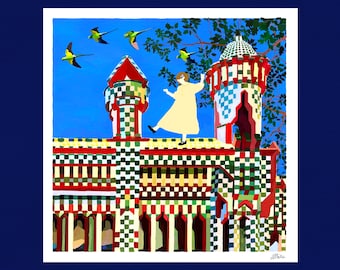 Les perroquets de Barcelone, illustration imprimée sur papier d’art format carré
