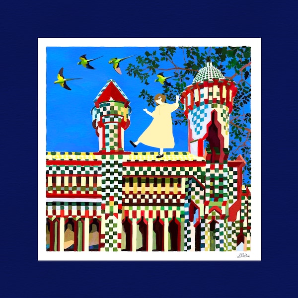 Les perroquets de Barcelone, illustration imprimée sur papier d’art format carré