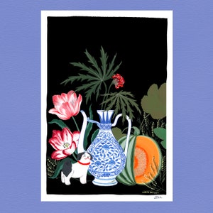 Tulips and porcelain illustration, art print on A3 paper