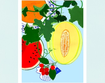 Illustriertes Poster mit Wassermelone und Melone, gedruckt auf Kunstdruckpapier im A3-Format