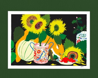 Fox and sunflower art print on A3 paper