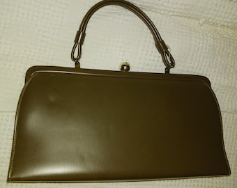 sac à main vintage, vinyle marron, intérieur en tissu, fermoir à fermoir, années 50