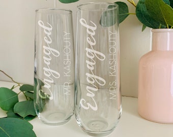 Personalized Engagement Champagne Flute – Custom Etched Stemless Glass