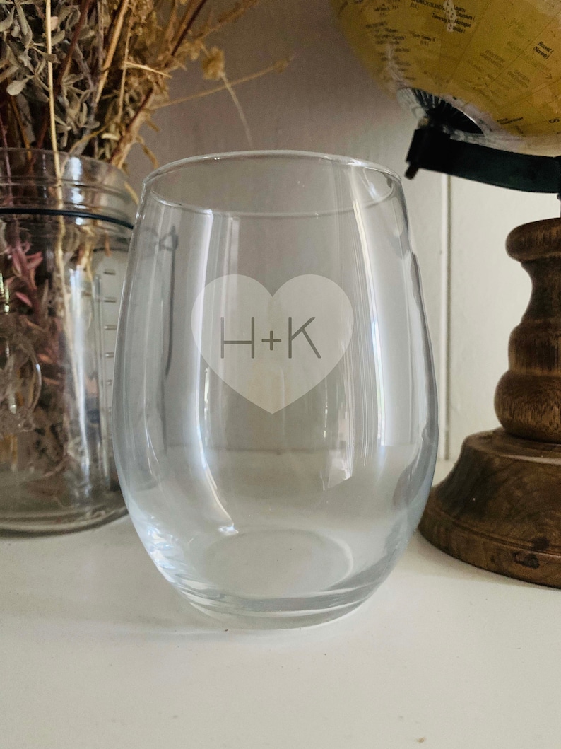 Personalized initial in Heart' Wine Glasses Permanent Etched Engaged