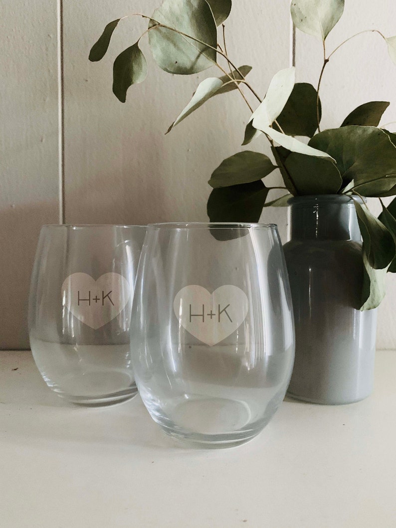 Personalized initial in Heart' Wine Glasses Permanent Etched Engaged
