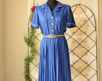 Royal blue 1980s vintage pleated skirt shirt dress small 4 50s style