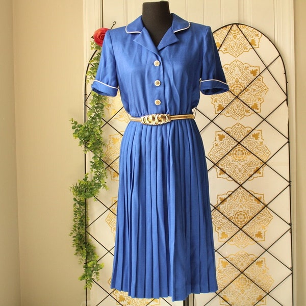 Royal blue 1980s vintage pleated skirt shirt dress small 4 50s style