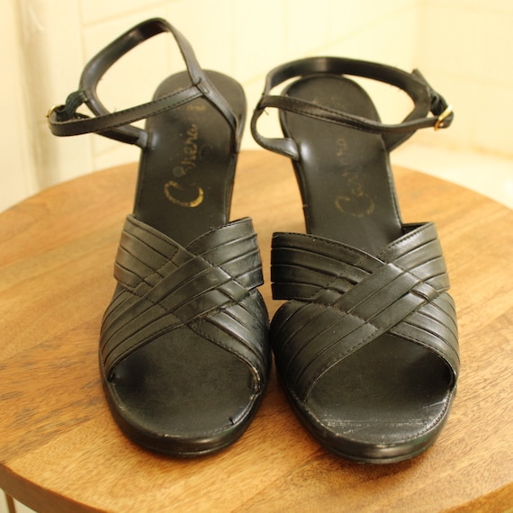 1960s 70s vintage heels strap platform black leat… - image 3