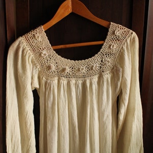 1970s vintage cream crochet indian cotton dress maxi boho knit bishop sleeve size xs, s, m summer Super craft india inc image 9