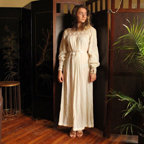 1970s vintage cream crochet indian cotton dress m… - image 1