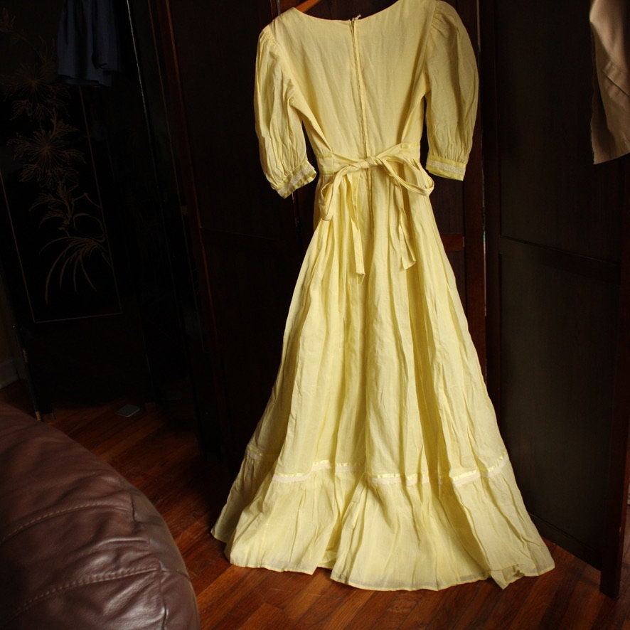 1970s Vintage Cotton Yellow Prairie Dress Full Length With Ruched Bust ...