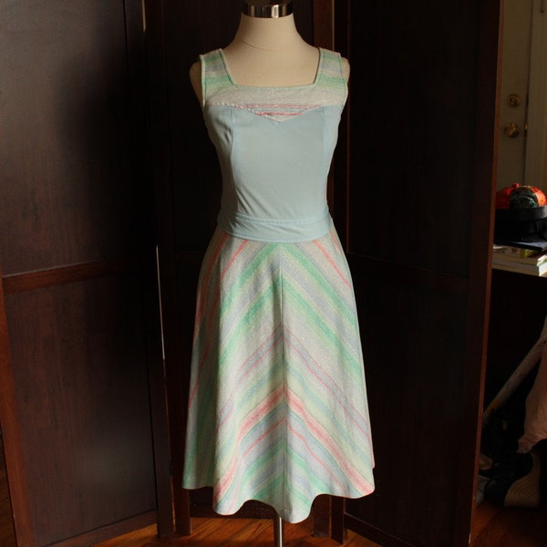 80s 70s teal blue pink striped day dress polyester square neckline skater a line waist tie size XS Small waist 26 vintage dress