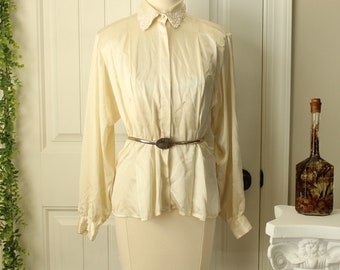 1980s ivory vintage blouse /size small extra small 6 / notions/ satin top shirt/ long sleeve / button down / silk vintage / womens vtg