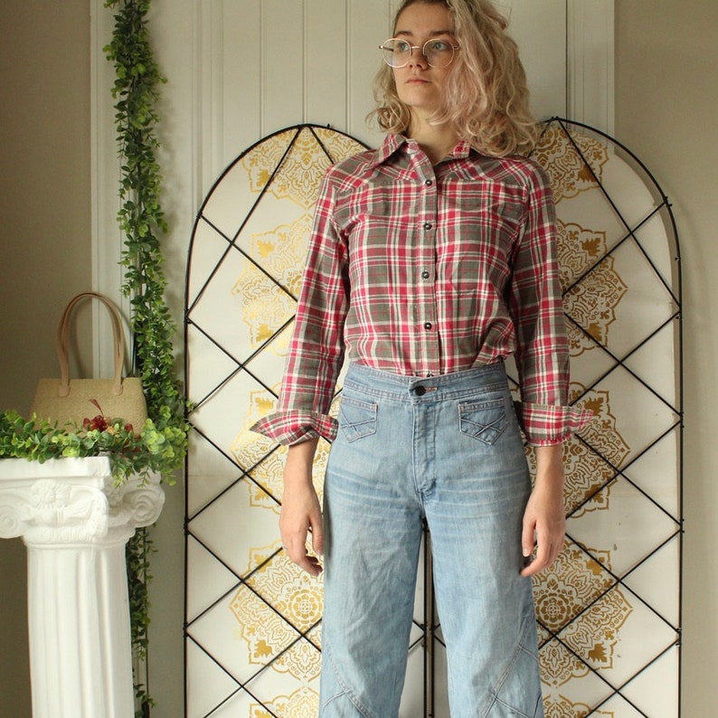 vintage flannel button down shirt with classic large pointed collar // sears roebuck and co / size xs / long sleeve / 1970s vintage top image 5