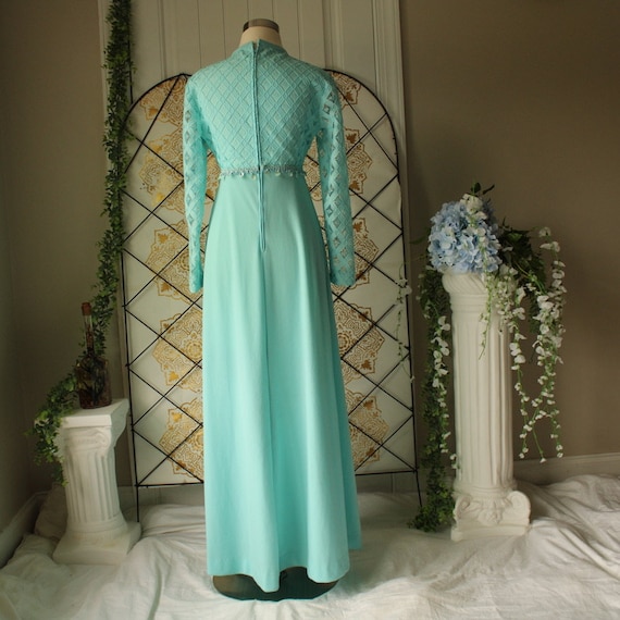 Vintage 1960s Womens Long Sleeve Maxi Formal Dress /Knit Diamond Mesh Sleeves / Mockneck/ Teal/ Small Extra Small / Tassles On The Waist
