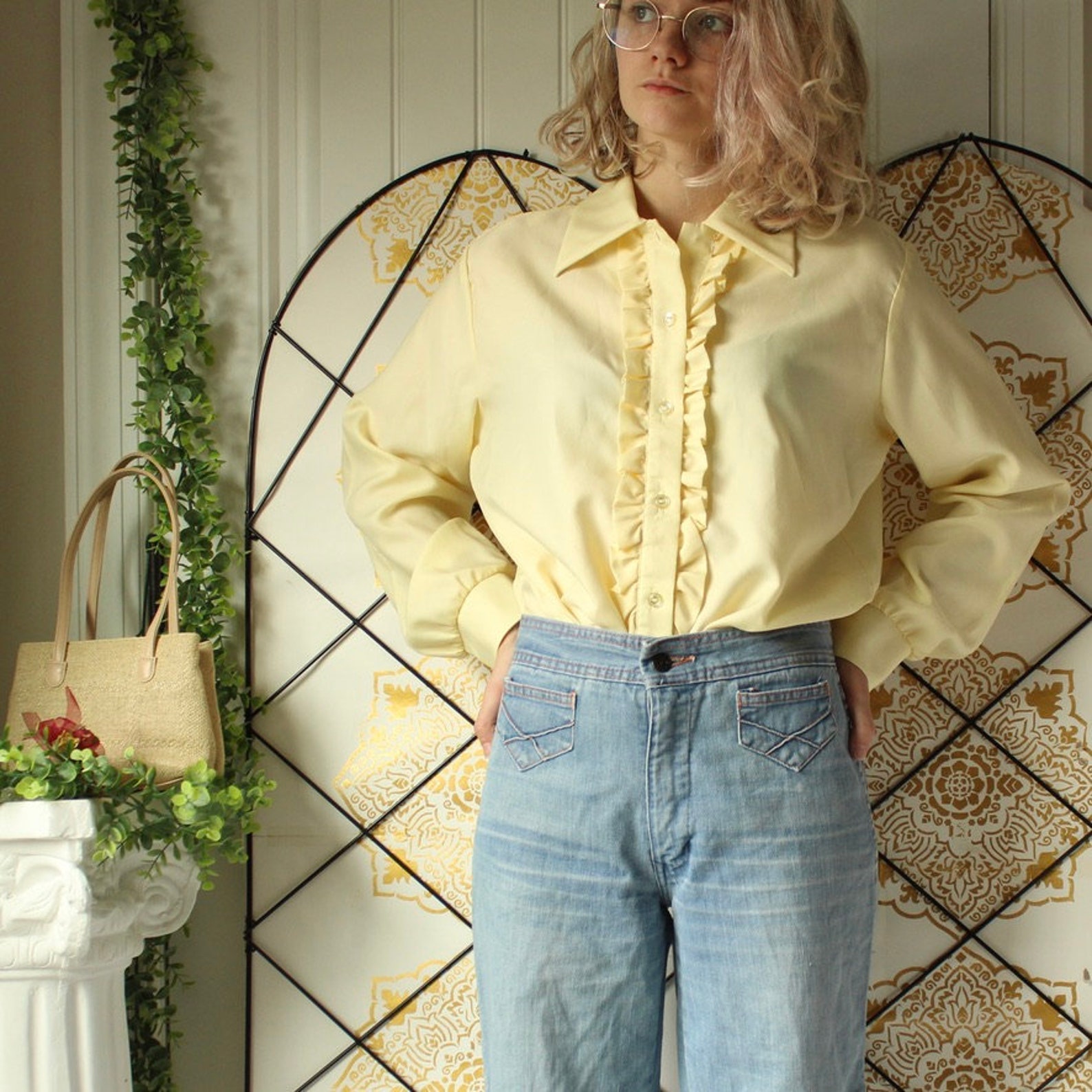 1970s yellow vintage button down shirt with ruffle detail Etsy