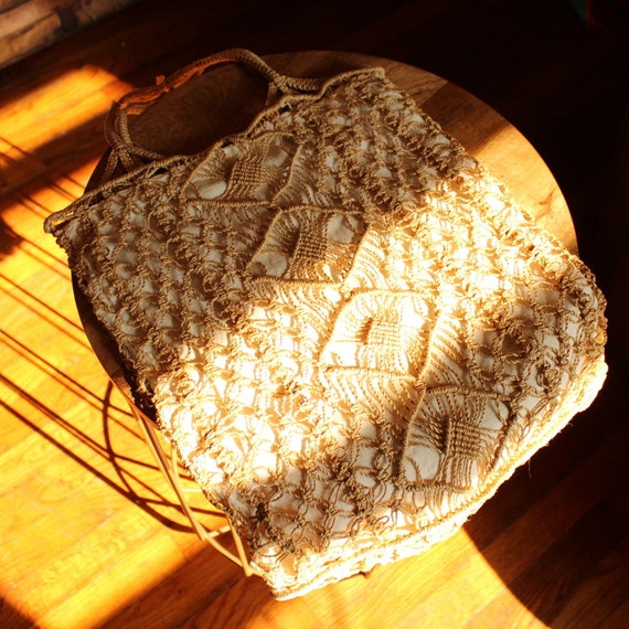 1970s vintage macrame large purse tote jute cotto… - image 1