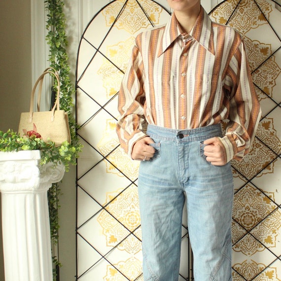 vintage mens 1970s striped button down with large