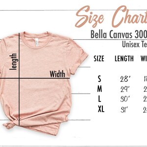 K&ouml;nnte beinhalten: Gr&ouml;&szlig;entabelle f&uuml;r das Unisex-T-Shirt Bella Canvas 3001. Die Tabelle zeigt die L&auml;nge und Breite in Zoll f&uuml;r die Gr&ouml;&szlig;en S, M, L und XL.