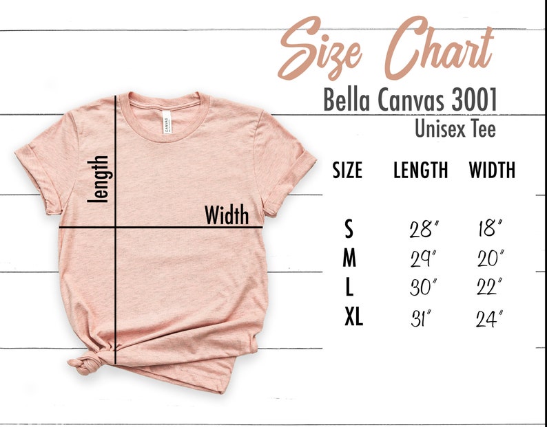 K&ouml;nnte beinhalten: Gr&ouml;&szlig;entabelle f&uuml;r das Unisex-T-Shirt Bella Canvas 3001. Die Tabelle zeigt die L&auml;nge und Breite in Zoll f&uuml;r die Gr&ouml;&szlig;en S, M, L und XL.