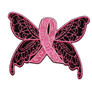 May include: Pink ribbon butterfly design embroidered patch. The butterfly wings are black with a pink outline. The ribbon is pink with a white outline and swirls.