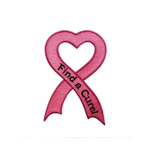 May include: Pink embroidered ribbon in a heart shape with the text "Find a Cure". The ribbon is a symbol of breast cancer awareness. The design is on a white background.
