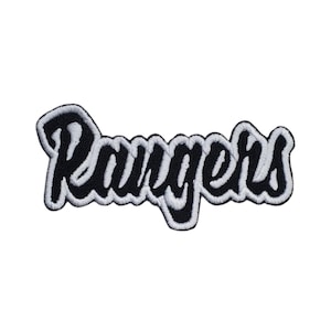 May include: Black embroidered patch with the word "Rangers" in a stylized font.