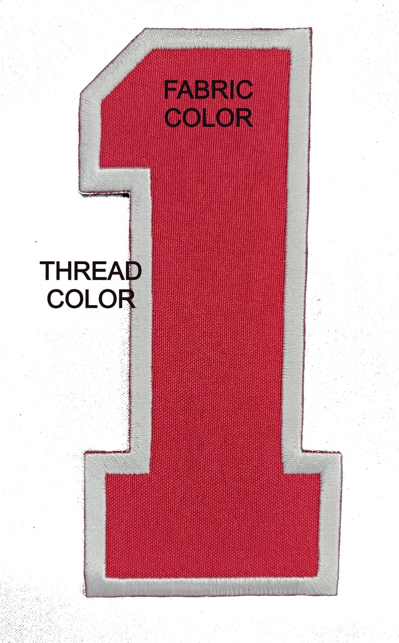 K&ouml;nnte beinhalten: Eine rote Filz-Nummer eins mit wei&szlig;em Rand. Der Text "FABRIC COLOR" befindet sich &uuml;ber der Nummer und "THREAD COLOR" links neben der Nummer.