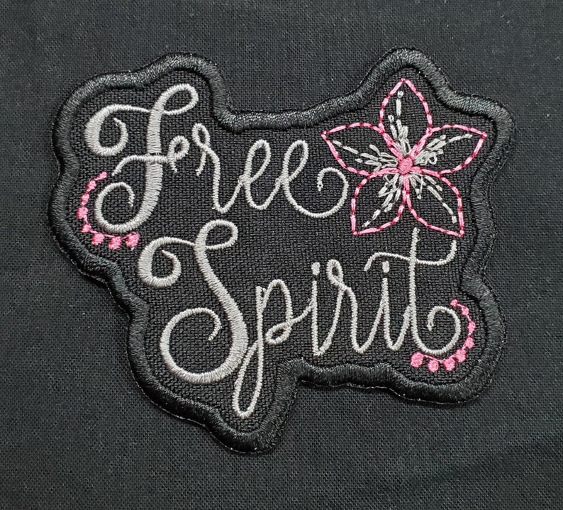 Free Spirit Silver Text Embroidered Iron On Patch 3.3 x 2.75 Inspiration Hippie Flower Child