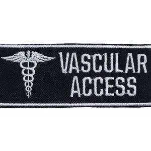 May include: Black embroidered patch with a white medical caduceus symbol and the text "VASCULAR ACCESS".