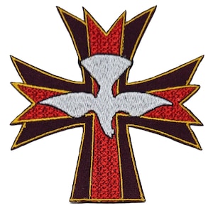 May include: Embroidered patch featuring a cross design with a dove in the center. The cross is primarily burgundy with red and yellow accents. The dove is white. The patch is likely for clothing or accessories.
