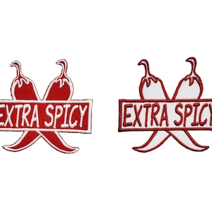 May include: Two red chili pepper patches with white outlines. The peppers are crossed and have a red banner with the text "EXTRA SPICY" in white.