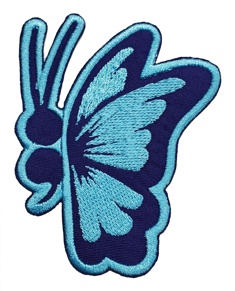 May include: Embroidered butterfly patch in shades of blue. The patch features a dark blue background with a light blue butterfly design. The butterfly has detailed wing patterns and a light blue outline.